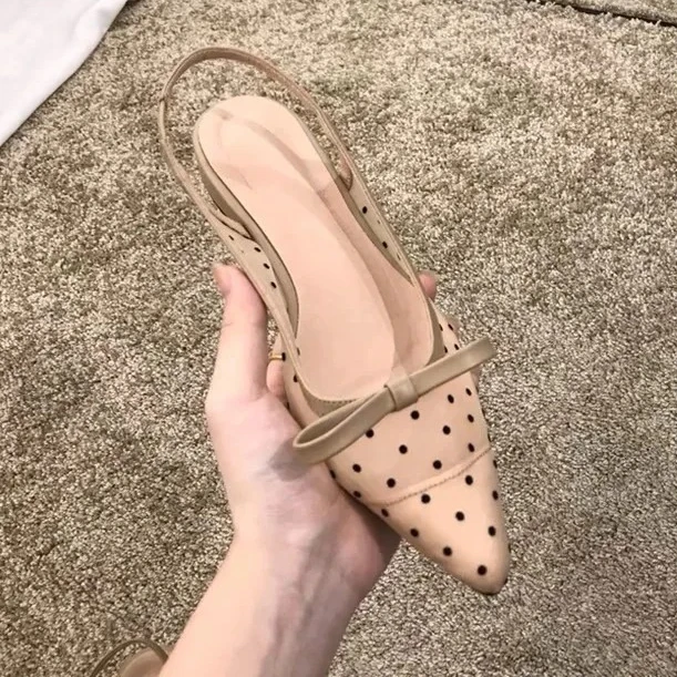 

Women's 2025 New Polka Dot Chunky Heel Graceful Pointed Toe Shallow Mouth Slimming Baotou Bow Shoes Women Sandals
