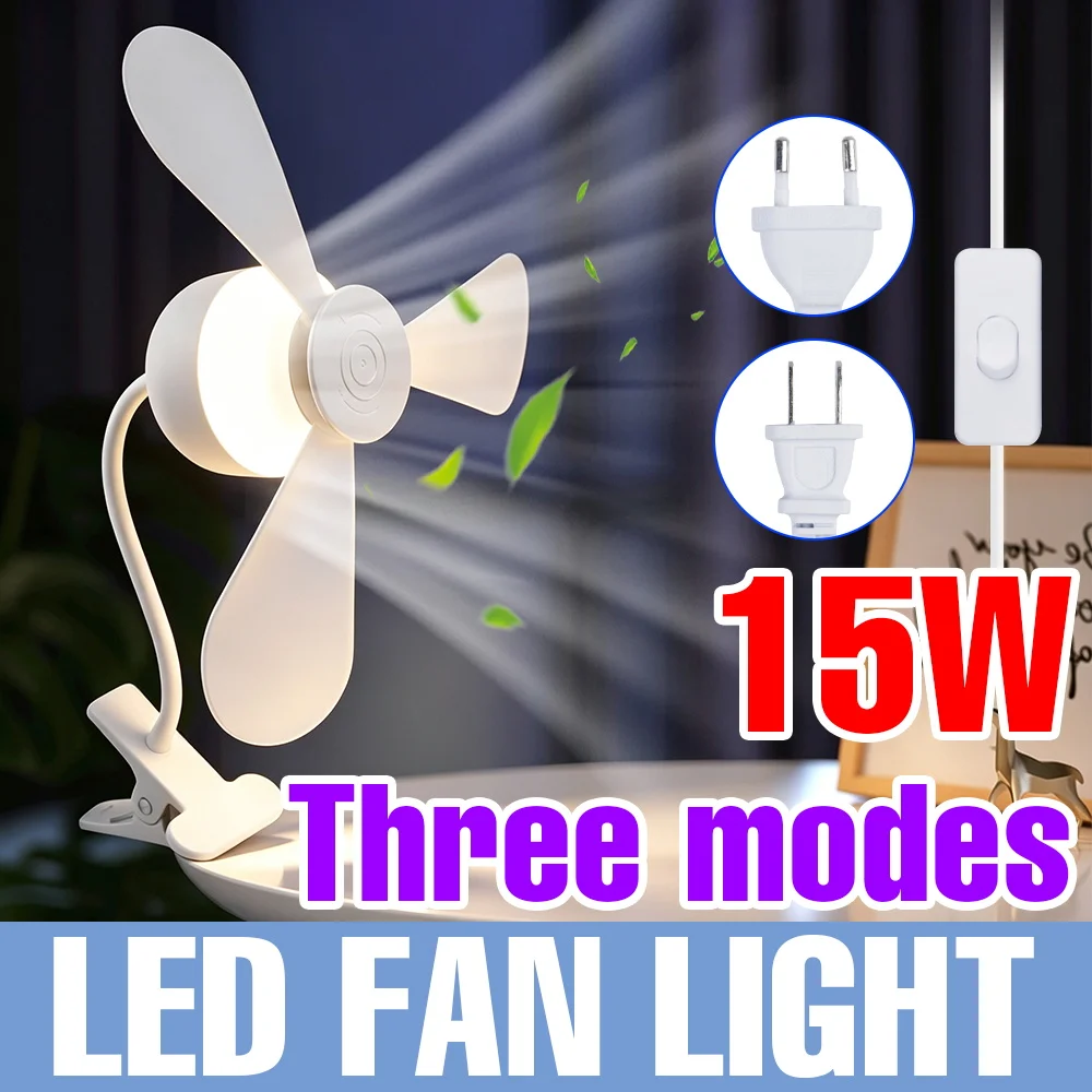 15W LED Clip Led Fan Lamp Flexible Gooseneck Desktop Cooling Fan Light 3Modes US/EU Plug For Bedroom Dorm Study Room Table Decor