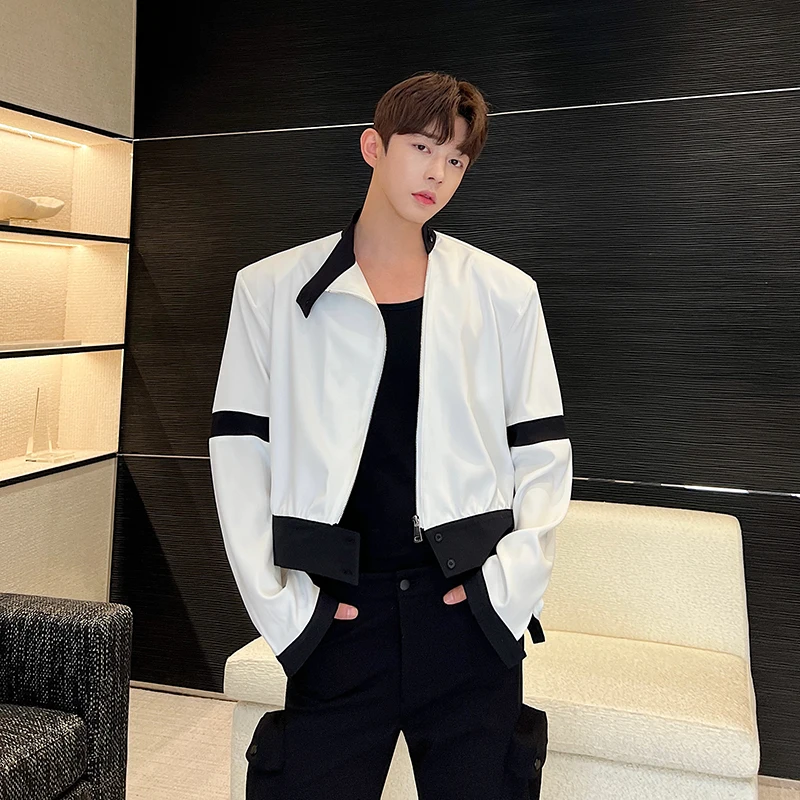 

Spring Fashion Loose Fit Long Sleeve Men's Shirt Stand Collar Short Style Patchwork Casual Shoulder Pad Design Premium Feeling