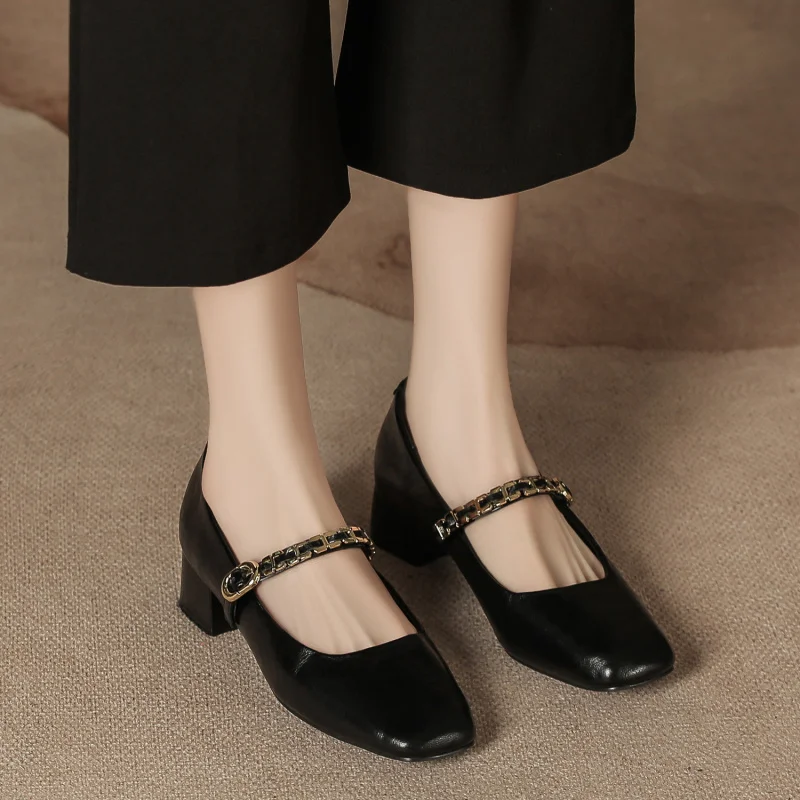 

New autumn and winter high-heeled shoes, soft leather, French retro style, metal strap Mary Jane, chunky heel, square toe,