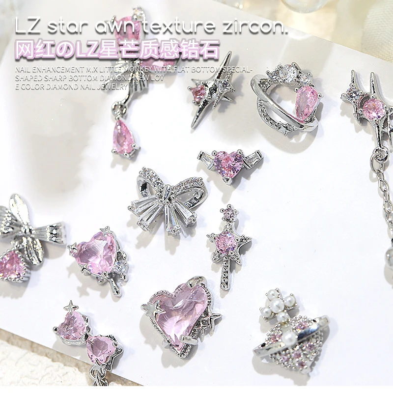 3PCS Luxury Shiny Pink Zircon Angel Love Starlights Ribbon Pendant Silver Alloy Nail Art Rhinestones Decorations Manicure Charms