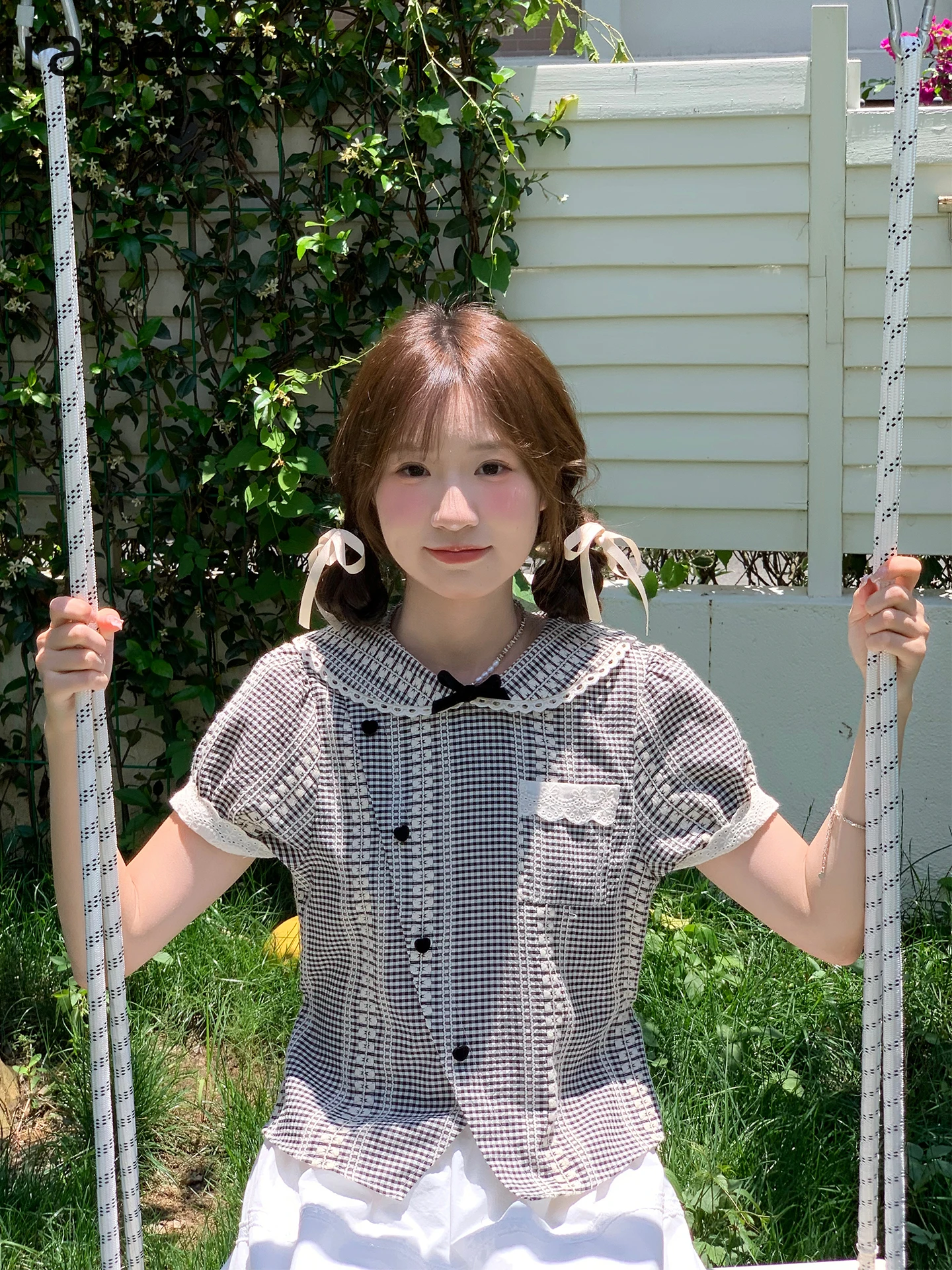 

Women's Bow Tie Plaid Vest Shirt Summer Cute Tops Loose Casual Chic Feminine Fashion Tee 2025 New Retro Blouse