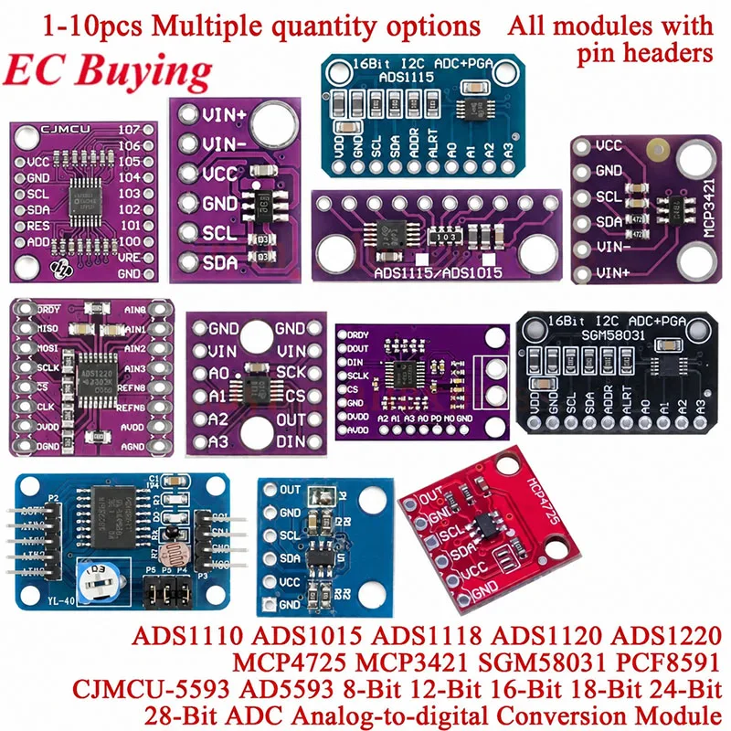 ADS1115 ADS1015 MCP4725 AD5593 ADS1110 ADS1118 ADS1120 ADS1220 MCP3421 SGM58031 PCF8591 Analog-to-Digital Breakout Board Module