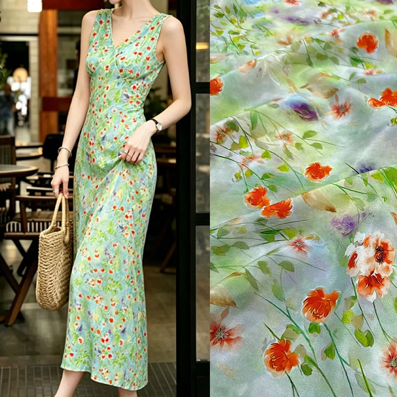 Small Red Floral Printed Stretch Green Silk Crepe de Chine Fabric for DIY Sewing Summer Dress Pajamas Silk Fabric FR7065