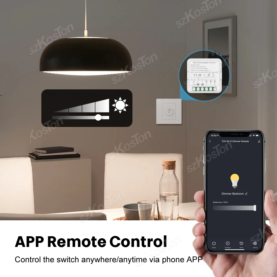 Dimmers Inteligentes Tuya WiFi, Dimmer LED, Módulo Switch, Lâmpada de 1 Canal, Controle de Brilho, Funciona com Alexa, Google Home, 100-240V