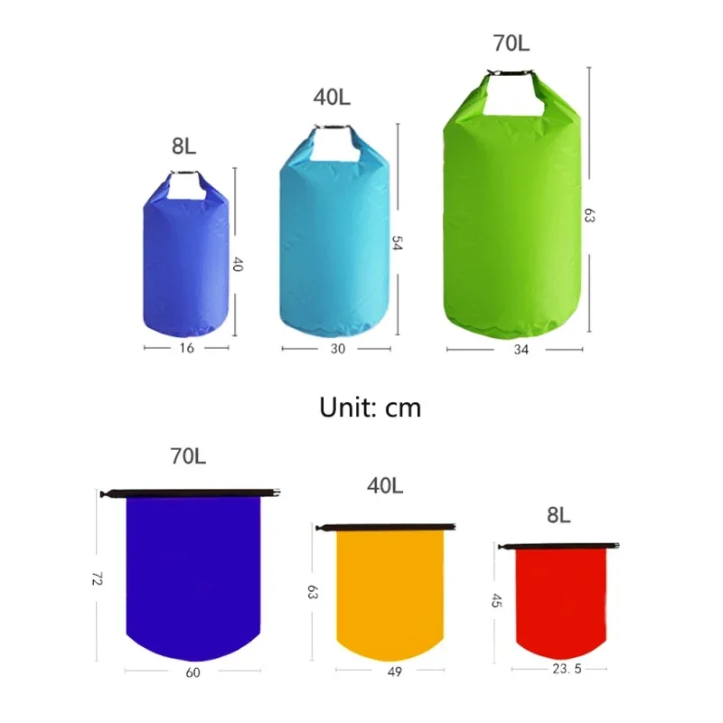 3 Stück/Beutel 8 l, 40 l, 70 l, wasserdichter Packsack, Schwimmen, Rafting, Kajakfahren, Flusstrekking, schwimmendes Kanufahren, Bootfahren