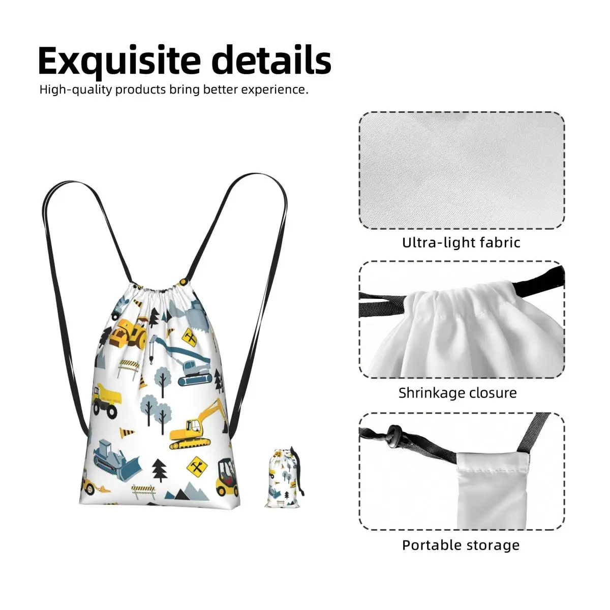 Blue Construction Trucks & Site Theme Pattern Drawstring Backpack hiking cycling Bag Lightweight Foldable Storage Drawstring Bag
