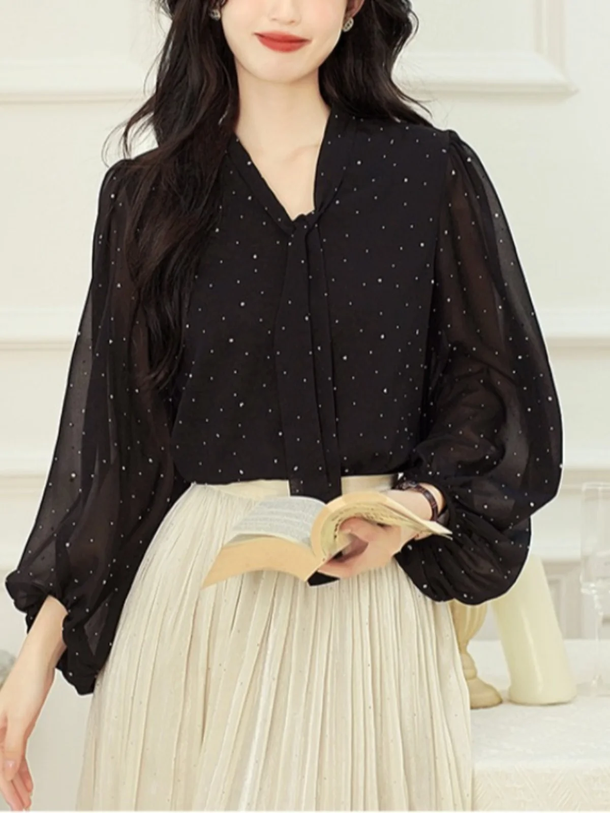 

Ele Bla Bow Tie irt Women's Loose Drapey Sli Top Spring Autumn New Sle Fro for Commute V Ne Long Sve