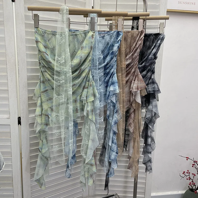 Irregular Lace Trim Mesh Sleeveless Bustier Vest Women's Top Asymmetrical Neckline Pleated  Thin Summer Fashion