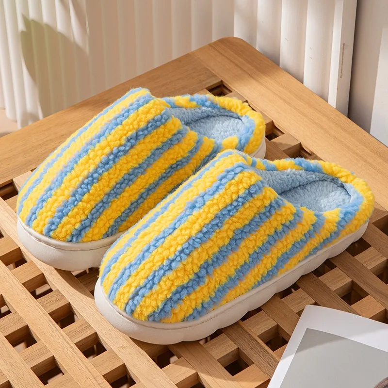 Winter Women's Plush Slippers Fashion Colorful Stripes Thickened Coral Fleece Warm Home Cotton Shoes Thick-soled House Slippers - Image 5