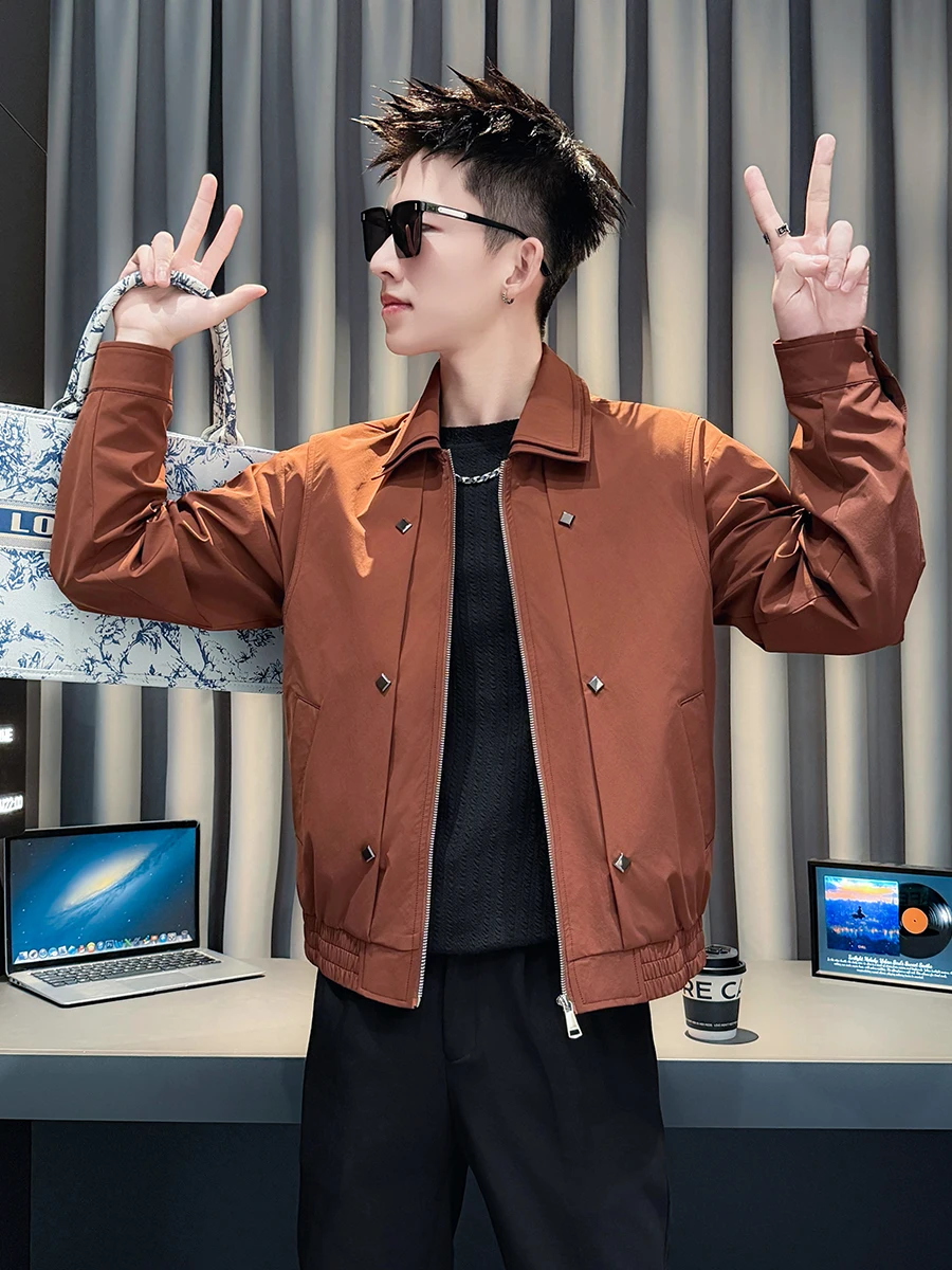 

Slim Fit Men's Jaet Spring Autumn Faionable Youth Outerwear High-End Feel Super ular Button up Long Sve Polyester