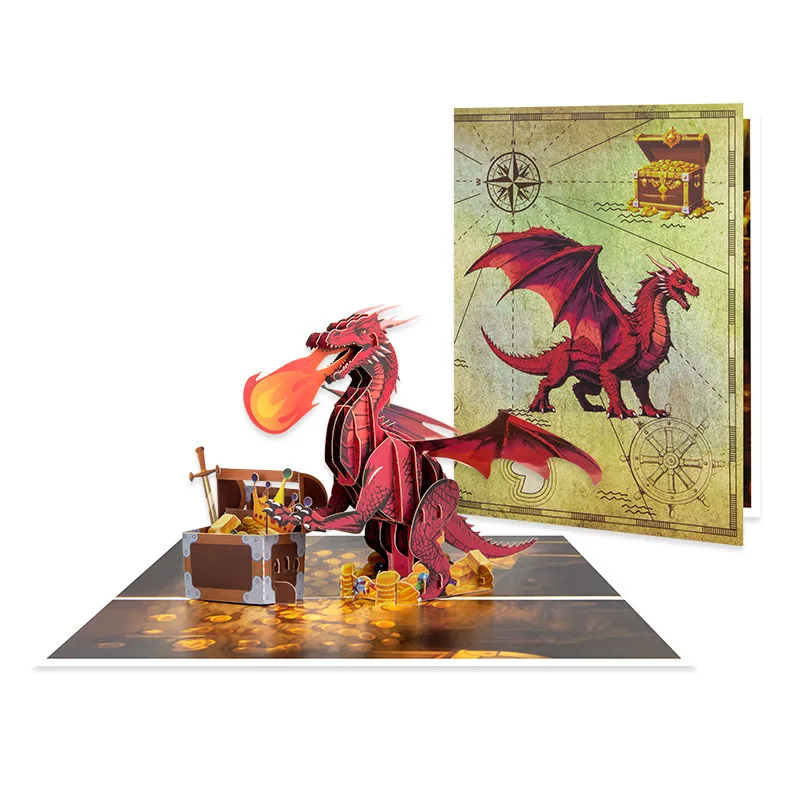 1 pcs Pop up Style Creative 3D Card Handmade Paper Carving Treasure Box Fire Dragon Card Happy Birthday Gift