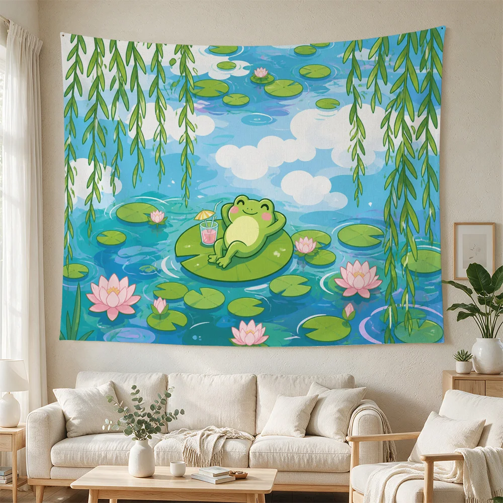 Vibrant Tropical Pond Scene Tapestry Green Frog Lily Pads Blue Sky Nursery Wall Decor Bohemian Boho Art