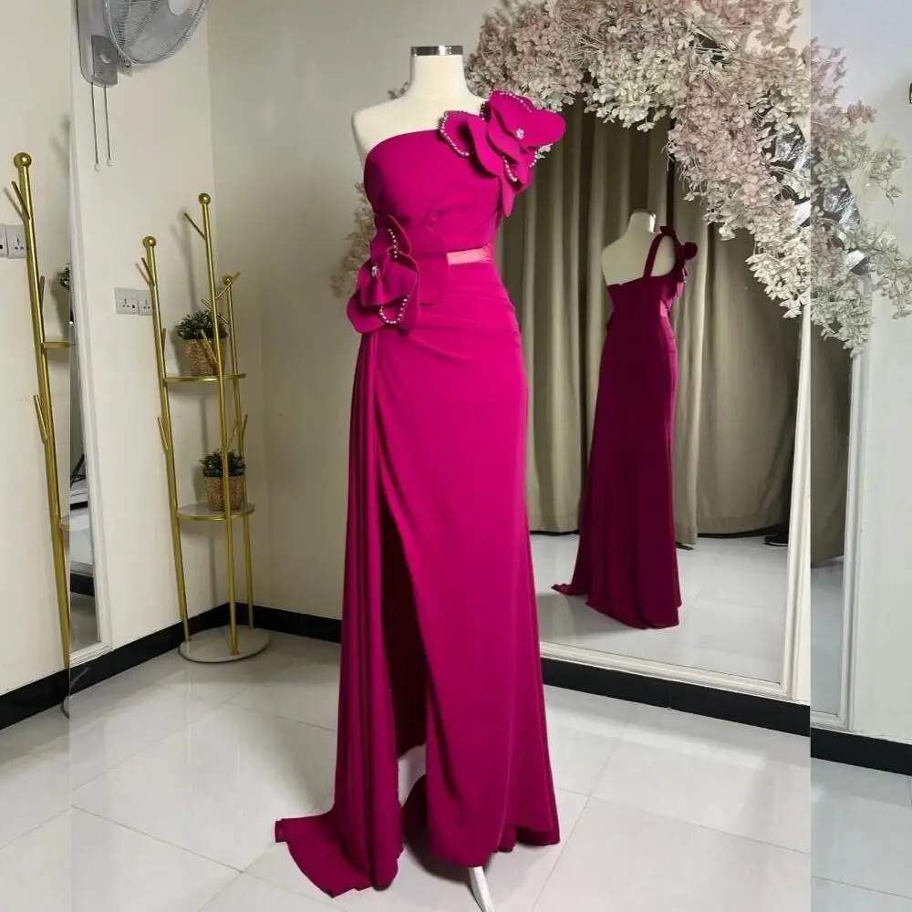 

Customized High Quality Jersey A-Line Crystal 3D Flowers Evening Dress Temperament One Shoulder Strapless Occasion Gowns