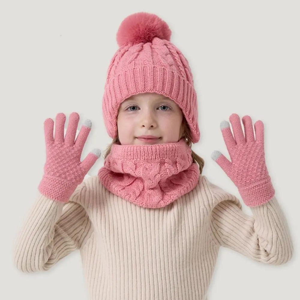 

New Winter Hat Scarf Gloves Set 3-10Y Windproof Toddler Bonnet Thicken Kids Warm Pompom Knitted Hats Children's Outdoor