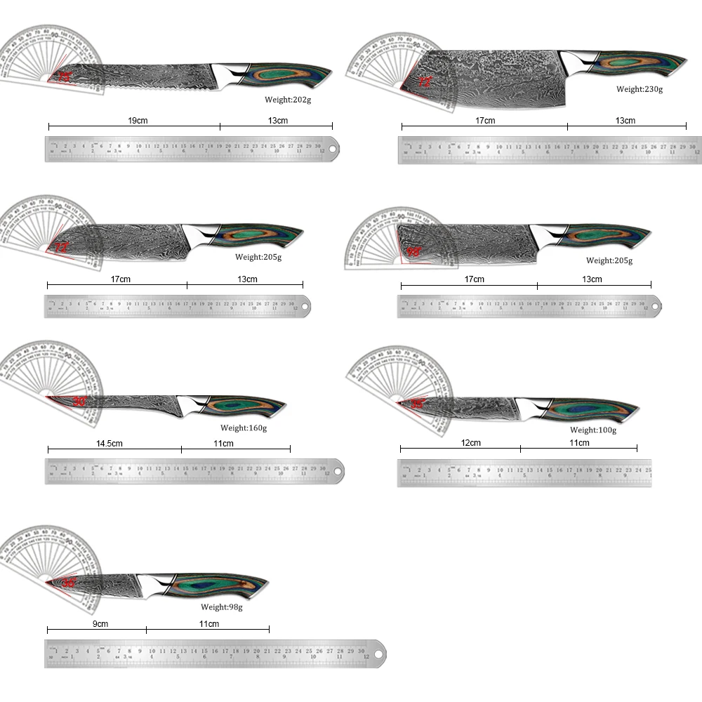 1-7PCS Chefs Knives Set Damascus Steel Bread,Santoku,Cleaver,Paring,Boning,Professional Cooking Knives Green Colored Wood Handle