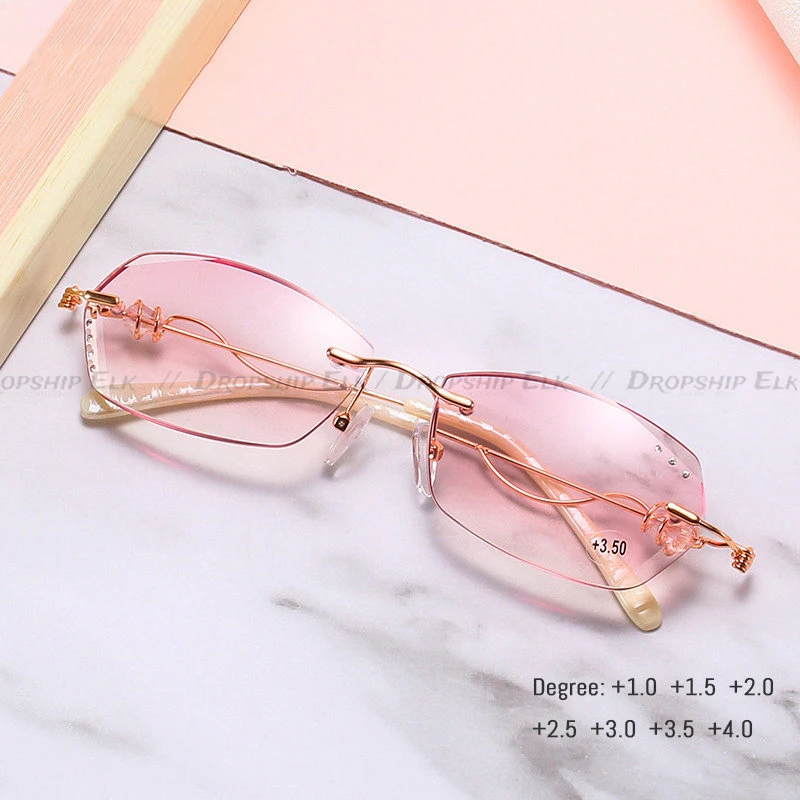 다이아몬드 커팅 독서 안경 합금 무테 핑크 그라데이션 안경, 여성 모조 다이아몬드 금속 안티 블루 + 3.0 + 4.0