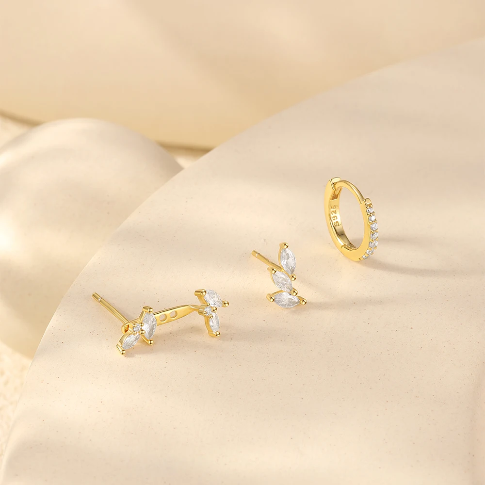 CANNER 3PCS Set 925 Sterling Silver Horse Eye Leaf Stud Earrings For Women 18K Gold Ins Simple Earrings Fine Jewelry Party Gifts