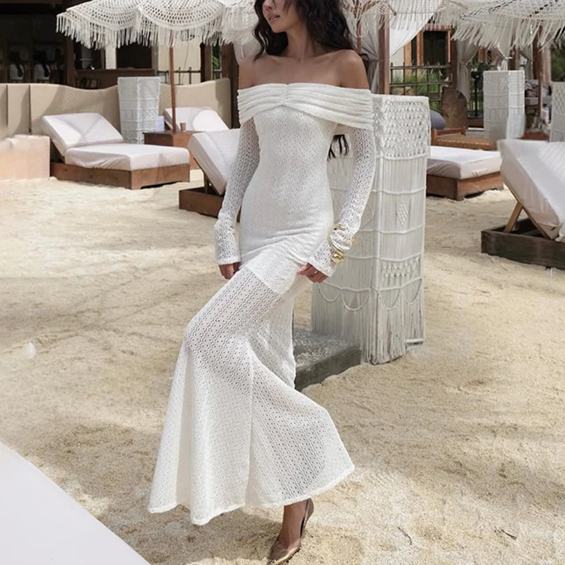 

Elegant One Shoulder Dress Fashion Hollow Out See-Through Patchwork Long Dress Luxury Pleated Women Party Evening Dress