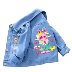 Autumn and Winter New Boys and Girls 100% Cotton Rabbit Cat Dog Cartoon Print Fashion Polo Collar Long sleeved Denim Coat