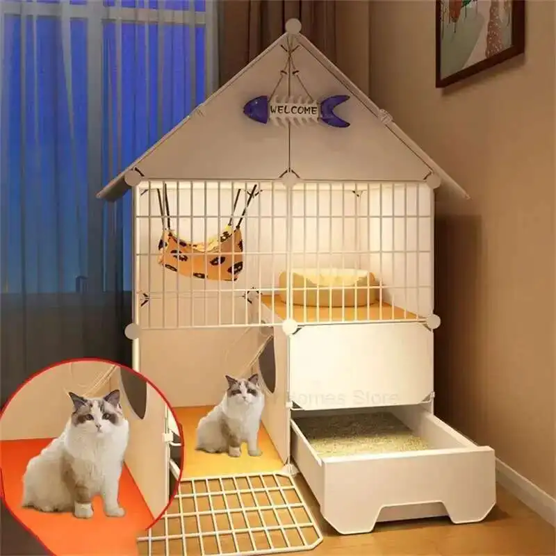 

Cat Cage Anti-jailbreak Home Indoor Cat House with Cat Litter Basin Toilet Super Large Space Multi-storey Cat Villa Pet Supplies