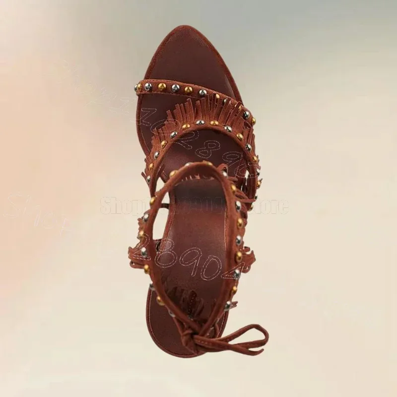 

Brown Tassels Colorful Round Rivets Design Sandals Lace Up Women Shoes Thin High Heels Open Toe Party 2026 Zapatos Para Mujere