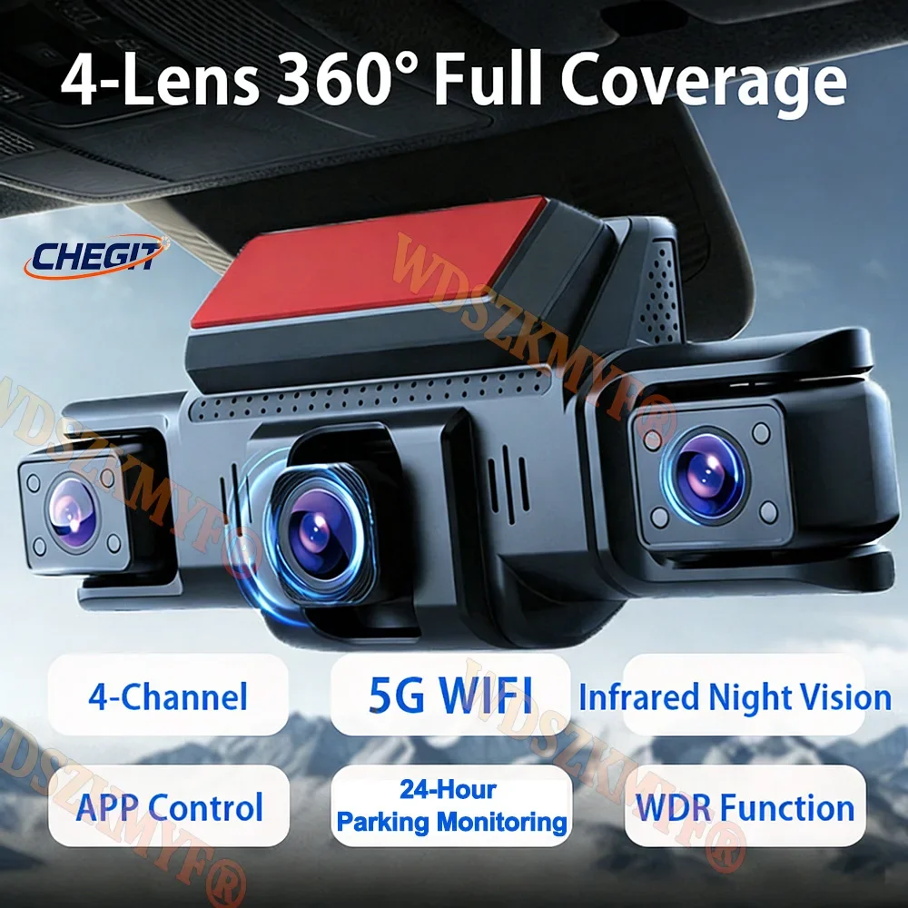 

4 Channels 360° DashCam for Car WIFI APP Video Recorder 1080P 3lens Car DVR 24H Parking Monitor Front Right Rear View Black Box