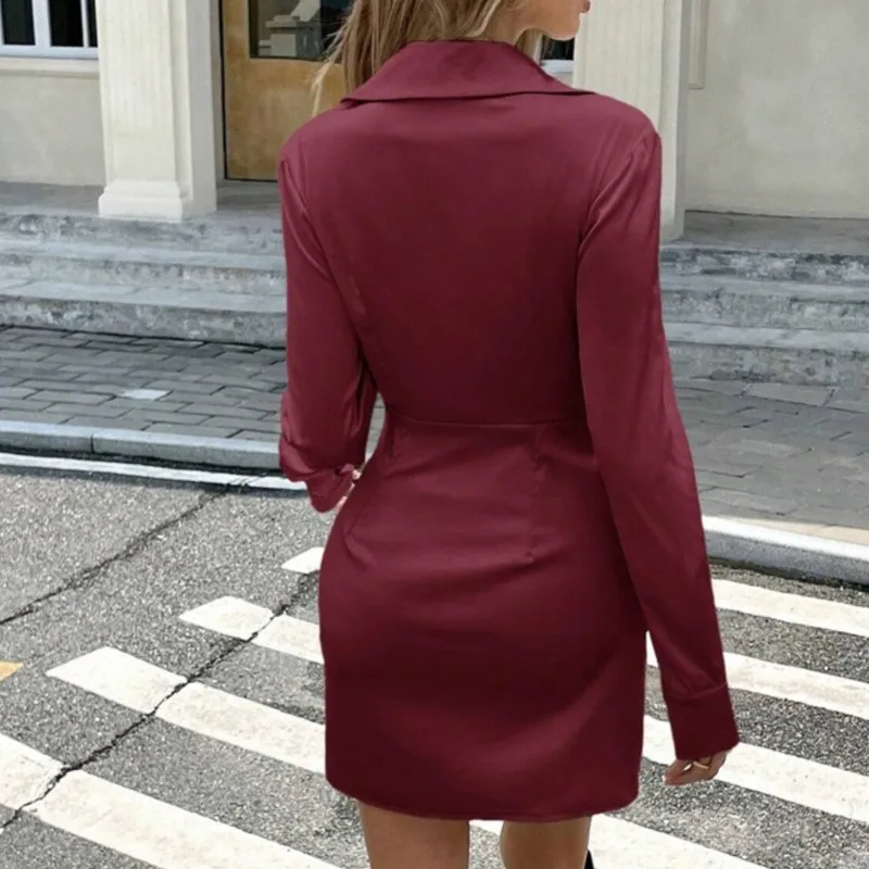 Damska satynowa sukienka z długim rękawem i klapami, wiosenno-jesienna moda, prosta odzież uliczna, plisowana sukienka koszulowa do biura, elegancka.