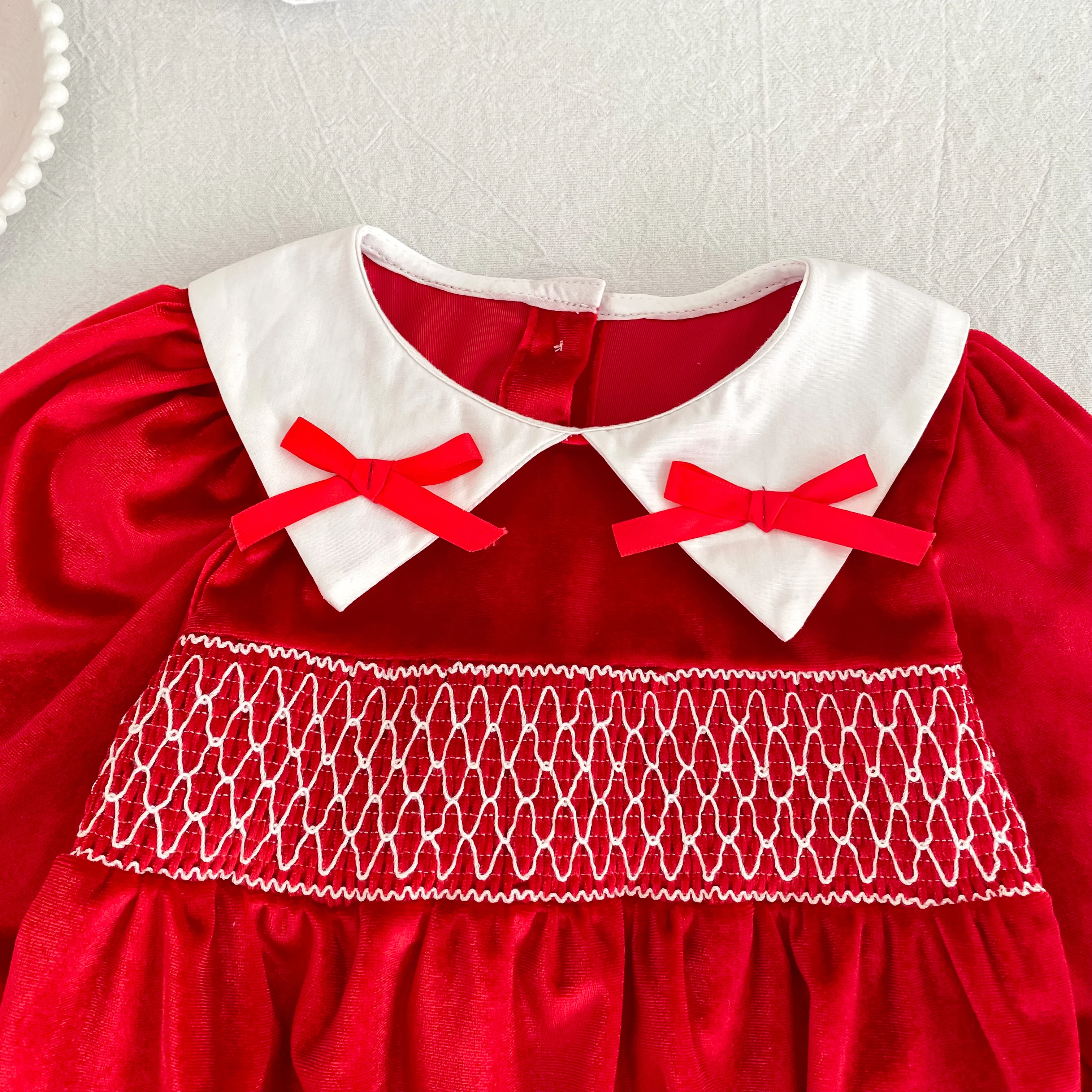 Baby Mädchen Roter Samt-Body mit Schleife Langarm Neugeborenen Party Geburtstags-Outfit Herbst Weihnachten Süßer Baby-Strampler 0-24M – Detail 7