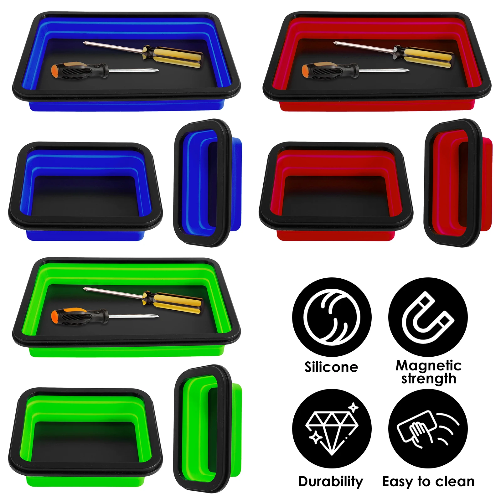 3Pcs Collapsible Magnetic Parts Tray Silicone Foldable Screw Bowl Tool Part Storage Box Plumber Carpenters Tool Organizer Tray