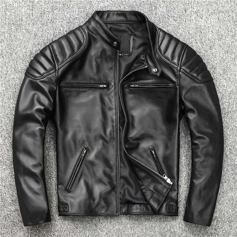 

New Sheepskin Leather Jacket Men Motorcycle Biker Spring Natural Genuine Calfskin Leather Jackets Vintage Slim Short Male Coat