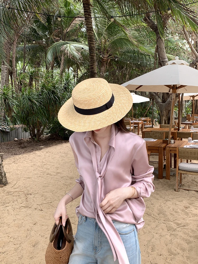 

Anjiu Yue Soft Light Pink Satin Casual Women's irt with Sa Korean Sle Open Cardigan Top Polyester Fiber Long Sve