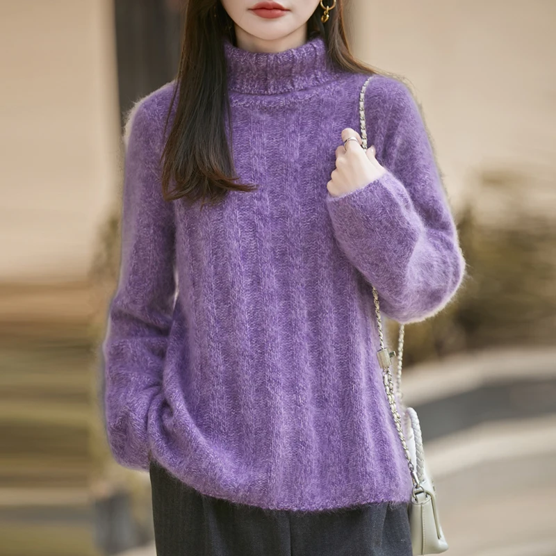 

100% Wool Pullover For Women Autumn 2025 regular style High Neck wide Strip fashionable versatile Woolen Sweater Thick Loose Top