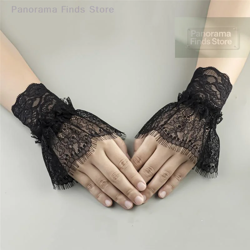 

Women's Pleated Cuff Arm Sleeves with Short Tassels in White And Black Lace Outdoor Accessories with Beautiful Embellishments