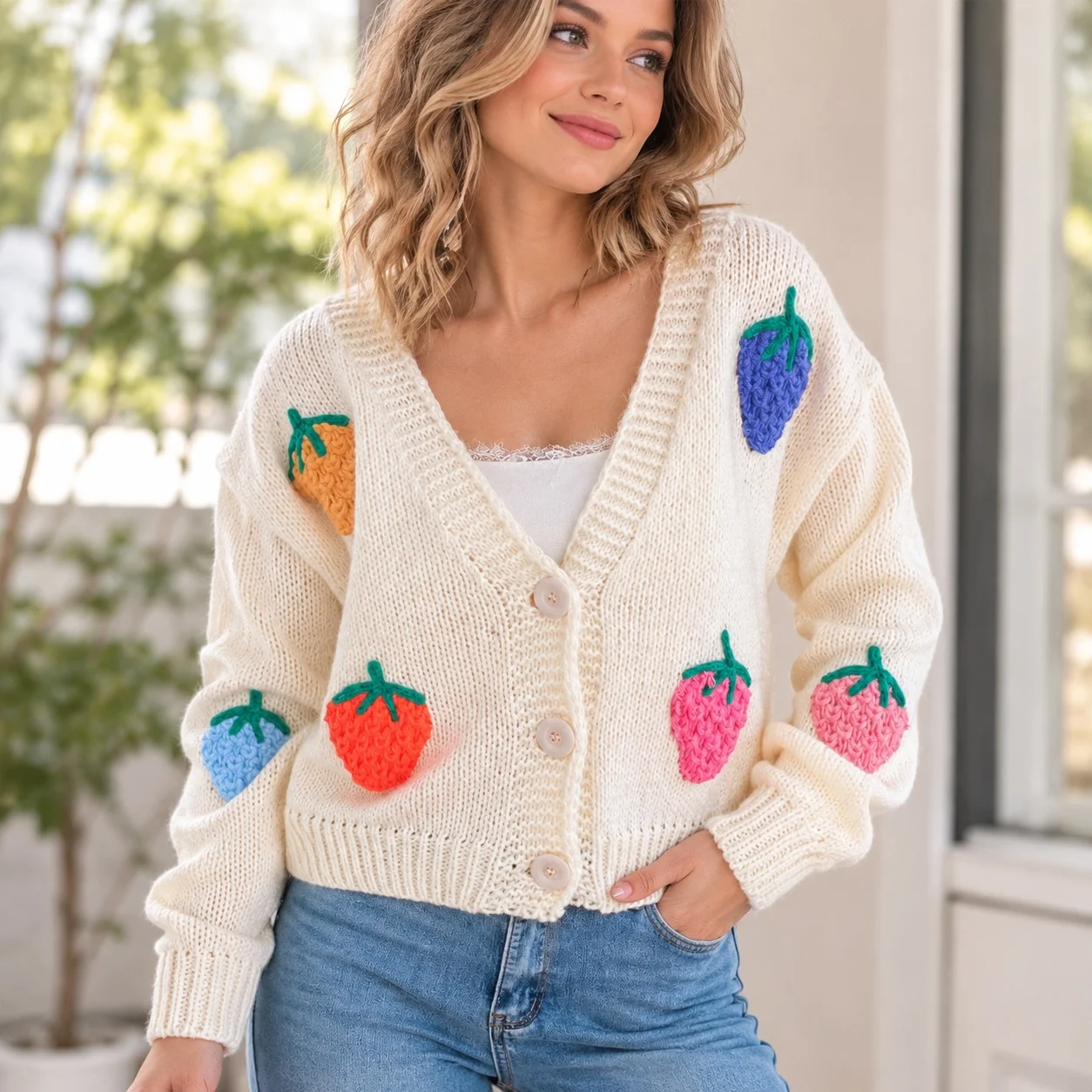 Button Front V Neck Sweater Regular Length Japanese Korean Casual with Single Breasted Button Front Autumn Cardigan for Women