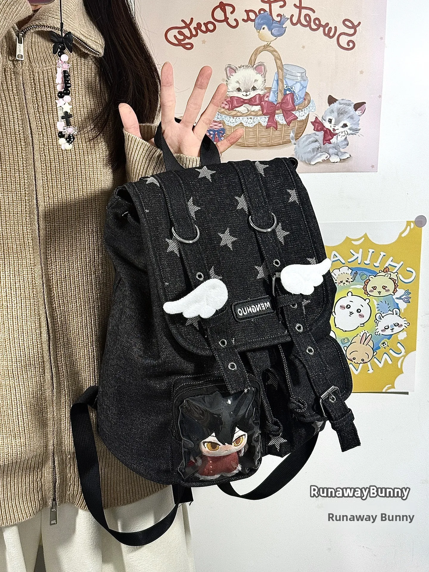 Retro Denim Large Capacity Double Shoulder Bag for Middle And High School Students with Drawstring Lightweight Book Bag