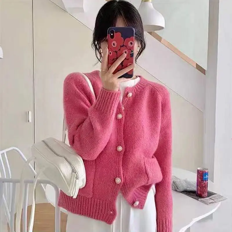 Red Sweater Women\'s 2023 Spring New Round Neck Loose Lazy Soft Waxy Knitted Cardigan