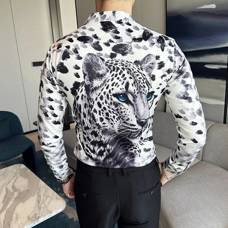 2024 Summer 3D Leopard Print Shirts Men Long Sleeve Slim Fit Casual Shirts Social Party nightclub Tuxedo Blouse men clothing