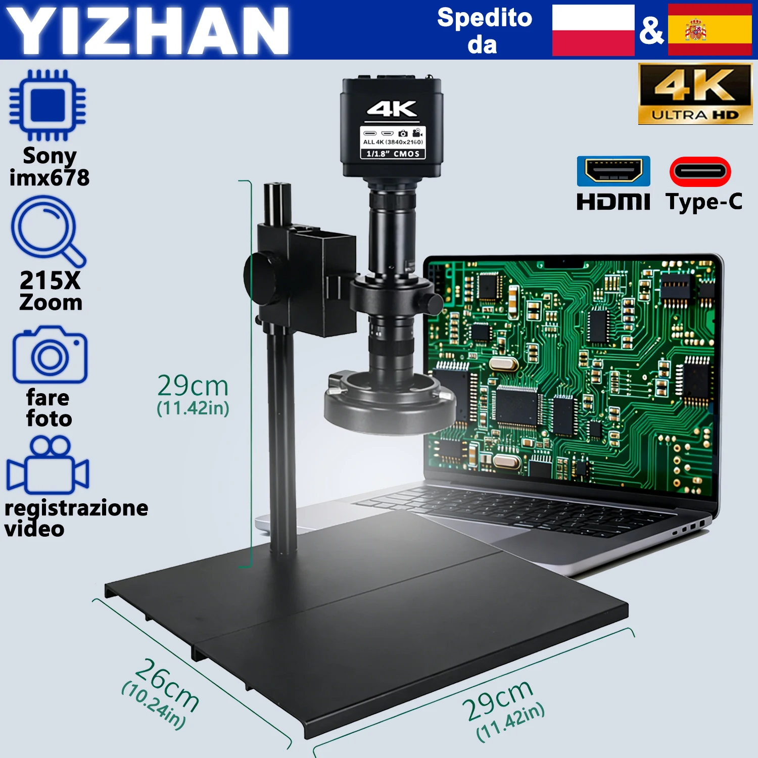 Set di Telecamere Microscopiche Industriali YIZHAN 4K per Saldatura con Sensore IMX678, Microscopio Elettronico Digitale con Lente Zoom 215X e Supporto per Slitta