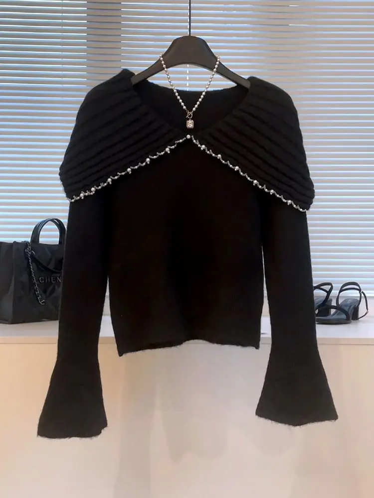 بلوفر كوري أنيق بياقة كبيرة على الطراز الفرنسي القديم بكتف واحد، بلوزة محبوكة بأكمام قصيرة راقية ومتعددة الاستخدامات للنساء #3