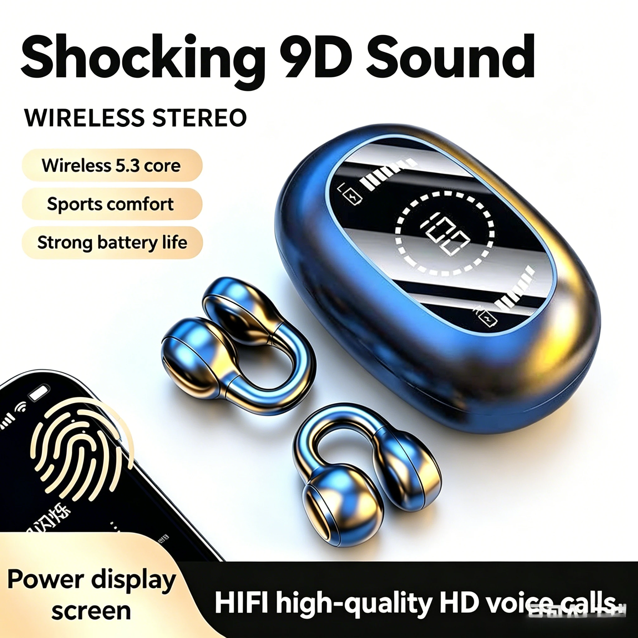 Image of Kabellose Kopfhörer mit Spiegeldisplay, Weicher Silikon-Ohrclip, Bluetooth-Headset mit Geräuschunterdrückung für Sport