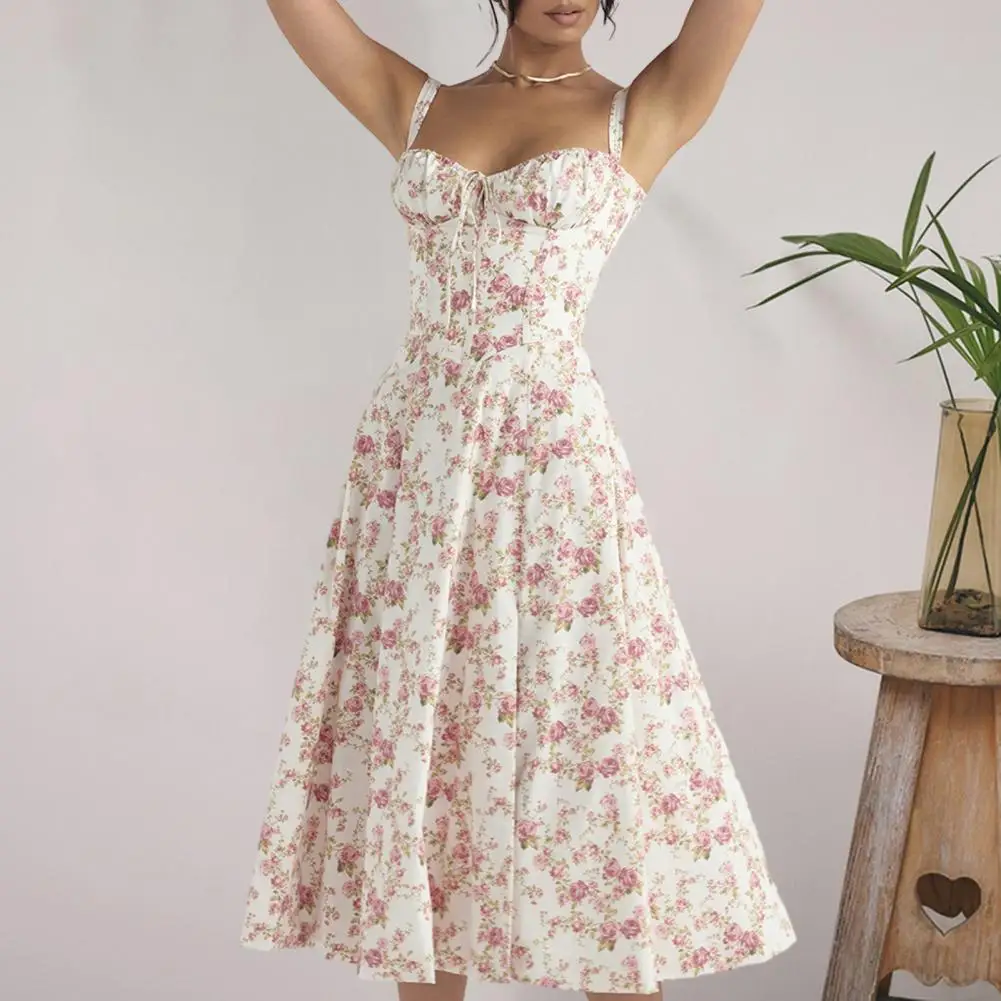 

Flowing Hem Women Dress Elegant Lace-up Bandeau Floral Print Midi Dress with Corset Design Side Split Hem Women's Slim