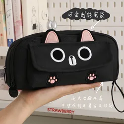 黒猫の刺embroideredケース,4層の大容量ペンケース,学生用の固定ボックス,ポータブルペン収納バッグ,事務用品および学用品