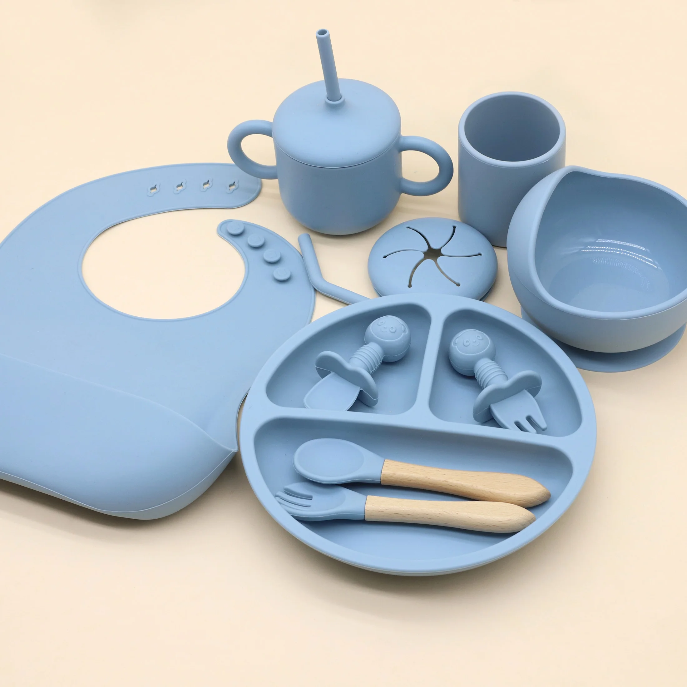 New food grade silicone tableware 11 piece set with bib, plate, bowl, straw, spoon, fork, snack cup