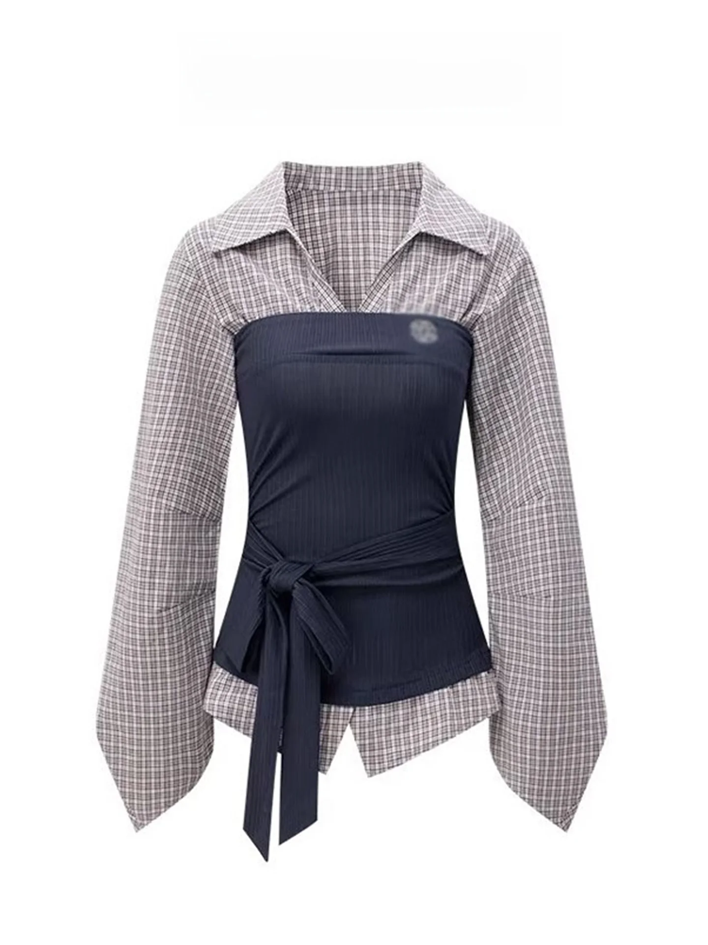 

Рубашка в корейском стиле с эффектом двухслойности, женская, для ранней весны, с уникальным дизайном, цветовыми блоками и зауженной талией, длинная модель S...