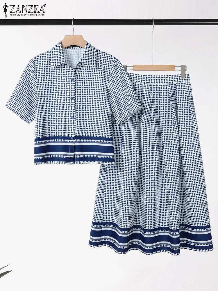 

ZANZEA Женские комплекты из 2 предметов в мелкую клетку Элегантные рубашки с короткими рукавами и юбки-миди трапециевидной формы Костюмы из 2 предметов Стильные комплекты с юбкой