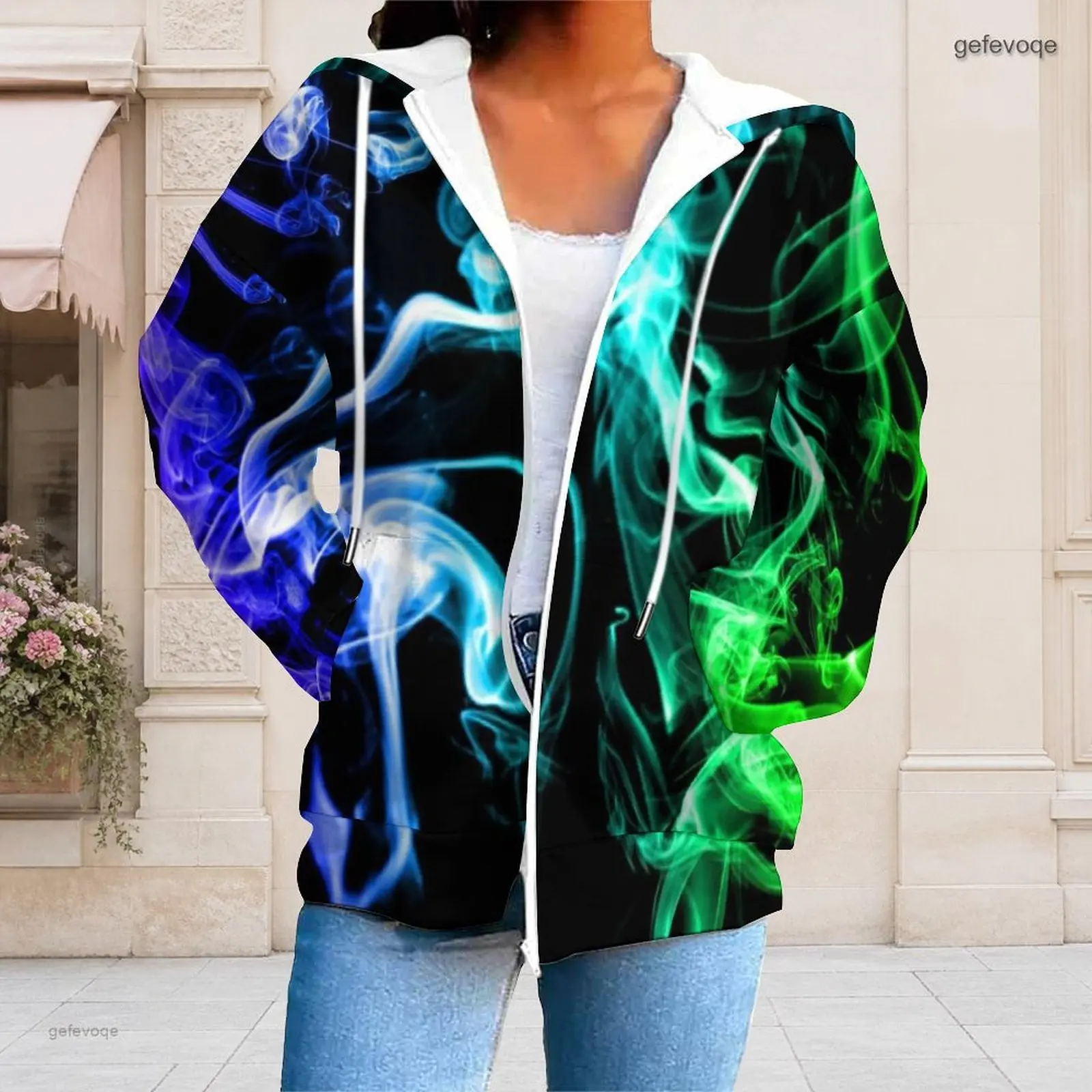 Women Neon Blue Green Smoke Printed Zip Up Long Sleeve Hoodie