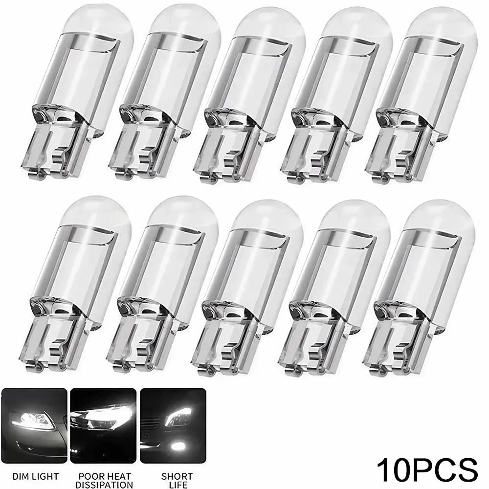 10PCS T10 W5W WY5W 168 501 2825 COB LED Car Wedge Bulbs - 6000K White Lights for Parking, Side Door, Dashboard, License Plate