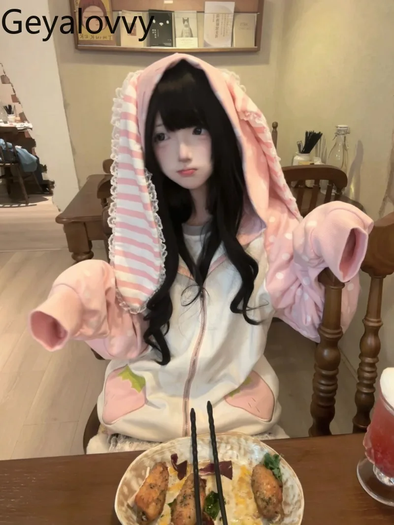 Original Japanese Style Pink Polka Dot Long Sleeve Sweatshirt Jacket Spring Autumn New Sweet Cute Women's Hooded Zipper Hoodies