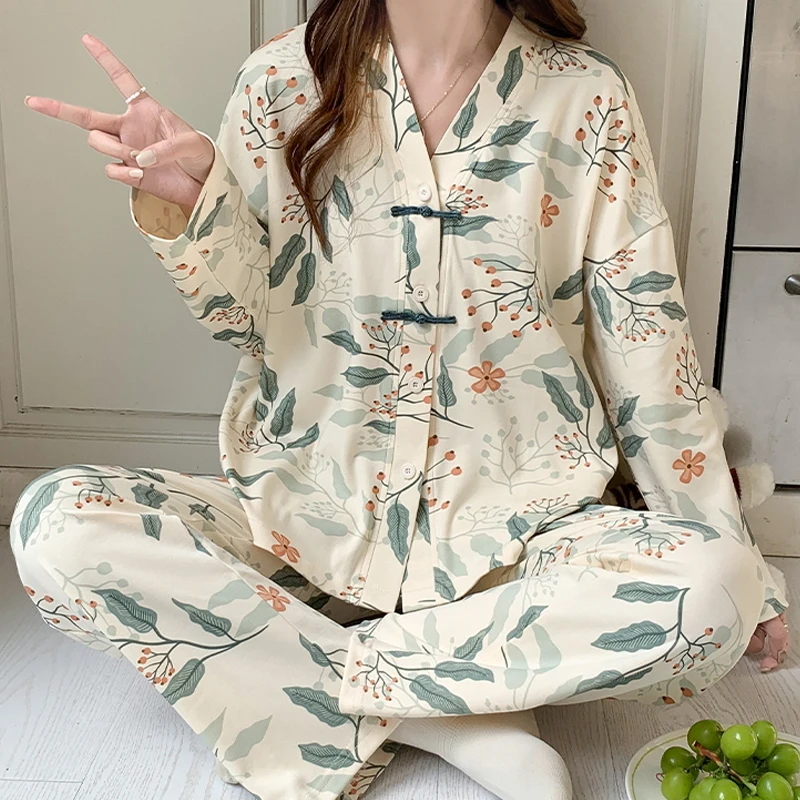 Autumn Women Pajamas Sets Faux Cotton Sleepwear for Girl Long Sleeved Pants Leisure Chinese Style V-neck Lady Pijama Nightwear